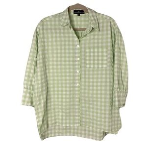 Pomander Place Women’s Small Light Green & White Gingham Checkered Button Top